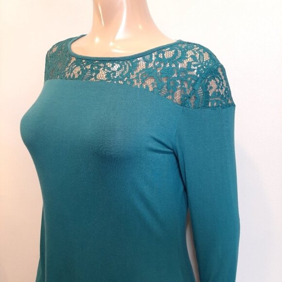 3/$20 Laundry By Shelli Segal Lace Long Sleeve Top Teal Green Rayon Blouse - Picture 3 of 12